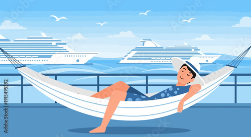 Serene Vacation Bliss Relaxing In Hammock With Cruise Ships In Background