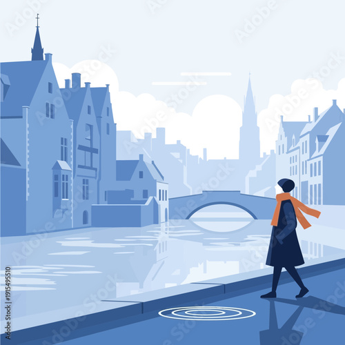 Serene Winter Canal Walk In European Cityscape Silhouette