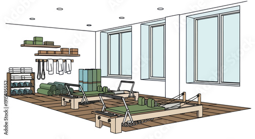 Pilates Studio with Reformer Machines and Exercise Equipment.
