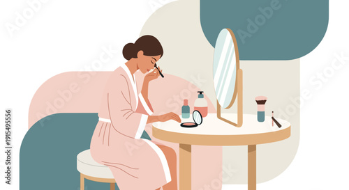 Serene Woman Applying Makeup Beside A Vanity Mirror In A Softly Hued Room