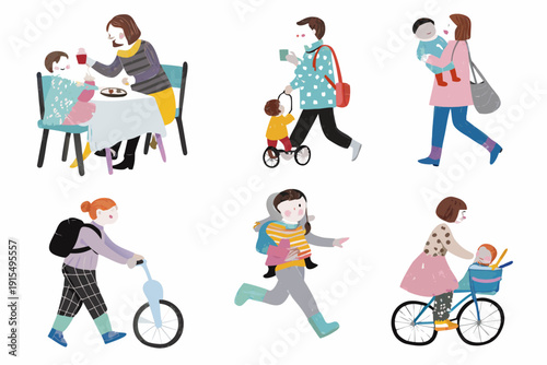Family activities depicted in a colorful illustration dining walking cycling and parenting
