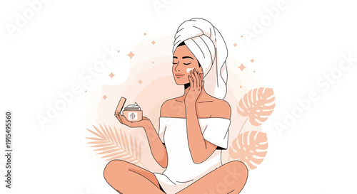 Serene Woman Applying Face Cream After Bath With Natural Elements