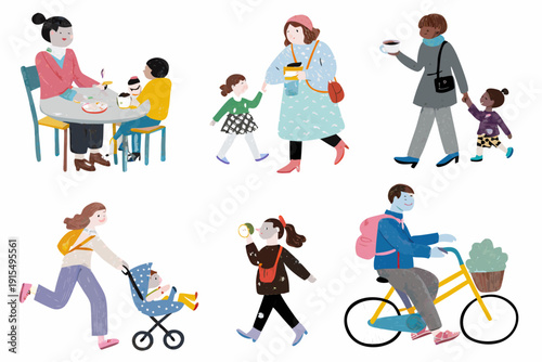 Colorful illustration depicting various women and children engaged in everyday outdoor activities and interactions