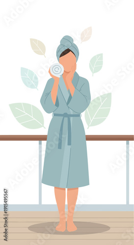 Serene Woman Applying Skincare In A Spa Setting With Leaf Motifs