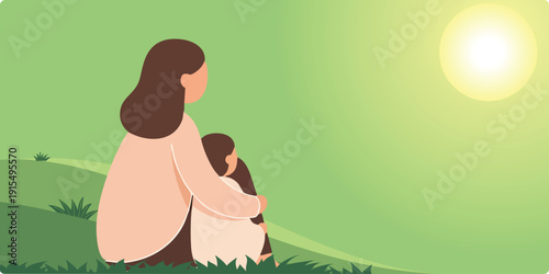 Peaceful vector scene of mother hugging child outdoors under sunlight. Great for family lifestyle, motherhood love, parenting moments, trust, and emotional warmth themes.