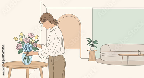 Serene Woman Arranges Flowers Creating a Calm Living Space