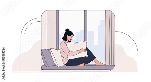 Serene Woman Embracing Pillow While Gazing Out Window