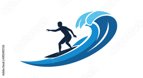 Surfer Silhouette Riding a Blue Wave.