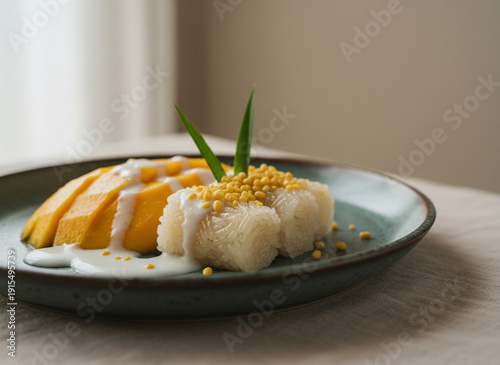 Thai Mango Sticky Rice Dessert with Coconut Cream on Elegant Ceramic Plate