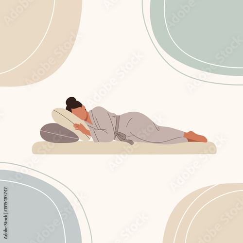 Serene Woman In Robe Resting Peacefully On Comfortable Bed With Soft Pillows Peaceful Relaxation