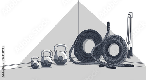Assorted Fitness Equipment: Kettlebells Ropes and Jump Rope.