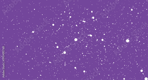 A vibrant purple background with white specks and paint splatters