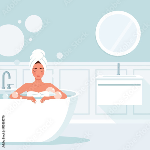 Serene Woman Indulges In Relaxing Bubble Bath Spa Experience At Home