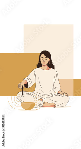 Serene Woman Engaged In Sound Bath Meditation Session Tranquil Mindful Practice