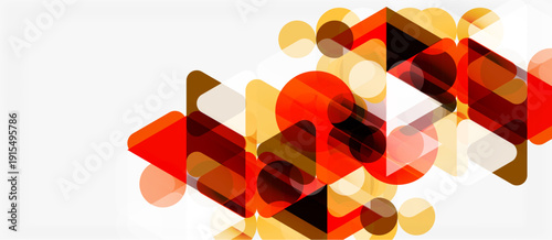 Abstract geometric shapes overlap, creating warm color palette. Circles, triangles, squares blend into modern design.