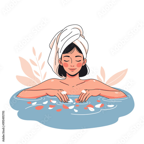 Serene Woman Indulges In A Relaxing Spa Bath With Floating Flower Petals