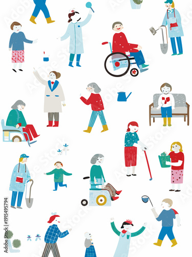 Diverse group of people in various activities and situations illustrated in a playful style