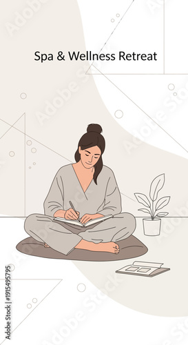 Serene Woman Engaged in Journaling Amidst Minimalist Spa Ambiance