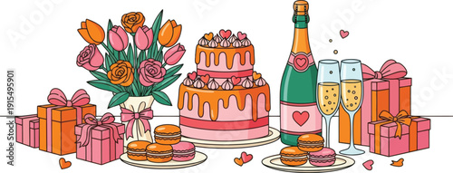 A festive table setting with a cake, champagne, and gifts for a special celebration