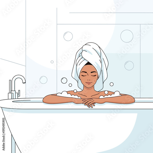 Serene Woman Enjoying A Relaxing Bubble Bath Wrapped In Towel