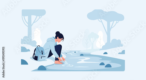 Serene Woman Kneels by Tranquil Stream with Backpack in Natural Landscape
