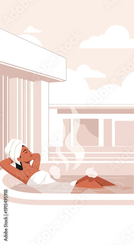 Serene Woman Enjoying A Relaxing Spa Bath With Steam Rising And Soft Background