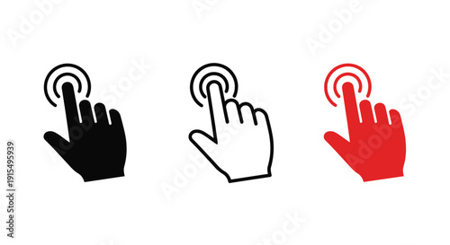 Three hand cursor icons in black white and red indicating clicks and interaction