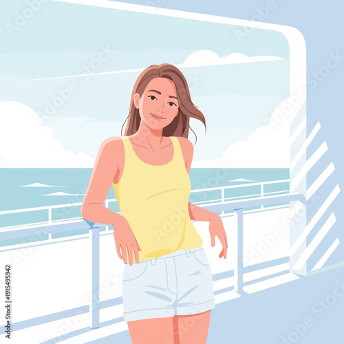Serene Woman Enjoying A Sunny Day On A Cruise Ship Deck