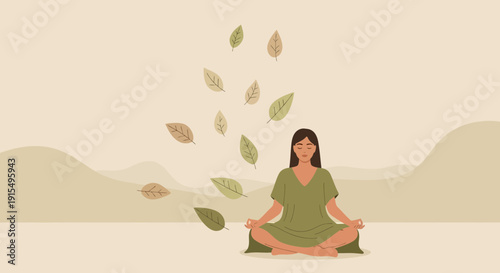 Serene Woman Meditating Amidst Falling Autumn Leaves In Peaceful Landscape