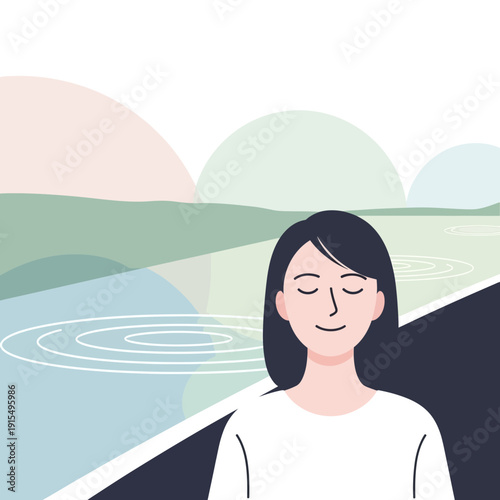 Serene Woman Meditating Amidst Gentle Abstract Landscape