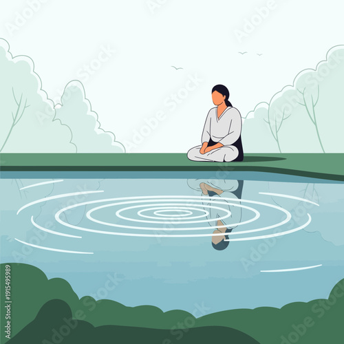 Serene Woman Meditating by Calm Water Reflecting Tranquil Surroundings