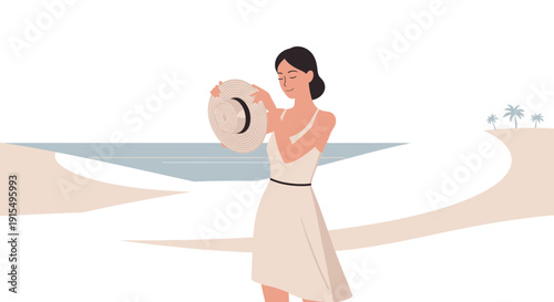 Serene Woman Enjoying Beach Day With Straw Hat