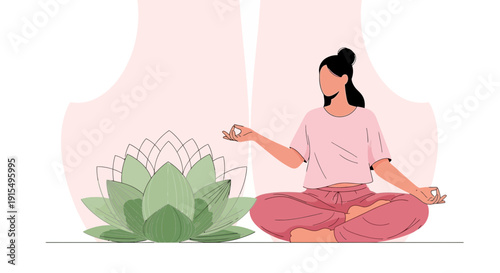 Serene Woman Meditating Beside Blooming Lotus Flower Embracing Inner Peace