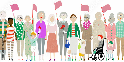 Diverse group of women and elderly people holding pink flags in a colorful illustration