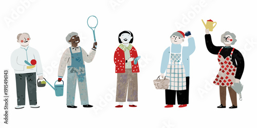 Five elderly individuals depicted in diverse roles gardening cleaning and celebratory moments