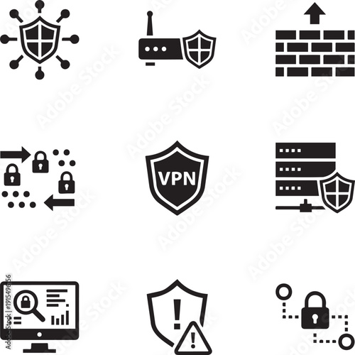 Network Security Icon Collection Featuring Secure Router VPN Shield and Encrypted Data Transfer