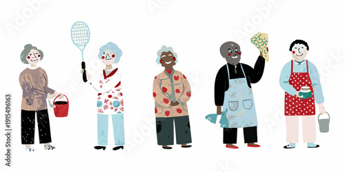 Five elderly women depicted in a colorful stylized illustration each with unique hobbies and attire