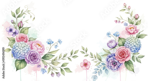 Watercolor Floral Arrangement with Roses Hydrangeas and Greenery.