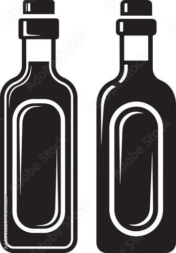 Two Black Silhouette Icons of Sauce Bottles with Labels, Representing Condiments, Seasonings, or Food Products