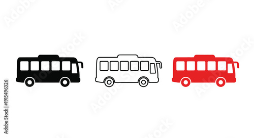 Three stylized buses in black white and red colors are lined up horizontally