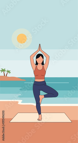 Serene Woman Practicing Yoga Tree Pose By Tranquil Ocean Shoreline Sunrise