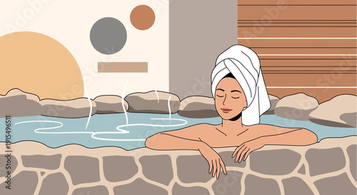 Serene Woman Enjoys Tranquil Hot Spring Experience With Turban