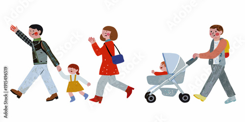 A family of four walking together including a baby in a stroller in an illustration style