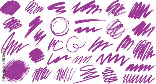 A collection of vibrant purple brush strokes and scribbles on a white background