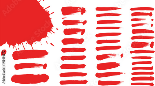 A vibrant red paint stroke design on a white background with a large splatter and multiple rows of horizontal lines
