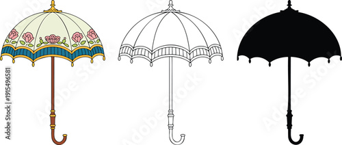 Vintage umbrella silhouette & Outline and illustration set isolated on transparent background