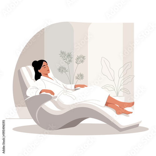 Serene Woman Reclining in Modern Spa Lounger Relaxing Mind Body Wellness