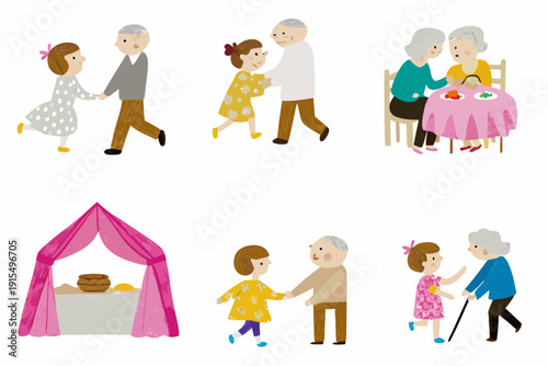 Elderly couple enjoying various activities walking dining and sharing a picnic under a canopy