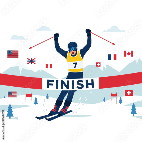 Ski Racer Celebrates Victory Crossing Finish Line International Competition Banner Mountains