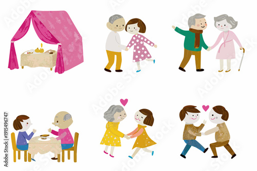 Illustration depicting elderly couples enjoying romantic dinners and affectionate moments together